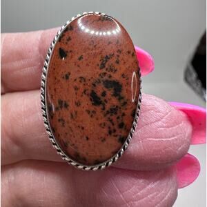 Mahogany‎ Jasper natural gemstone ring, silver plated, stamped 925 size 7.5.